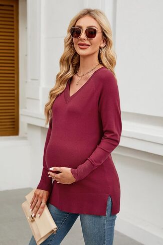 OUGES Women's Sweaters Split Side Long Sleeve V Neck 2024 Fall Maternity Clothes Ribbed Knit Trendy Pullover Tops in Saudi Arabia