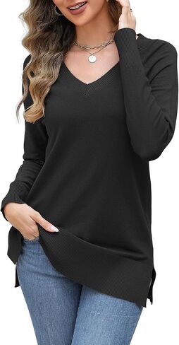 OUGES Women's Sweaters Split Side Long Sleeve V Neck 2024 Fall Maternity Clothes Ribbed Knit Trendy Pullover Tops in Saudi Arabia