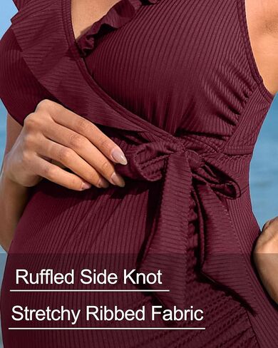 Charmo Ribbed Maternity Swimsuit Ruffle V Neck Side Tie Knot One Piece Pregnancy Bathing Suit Push up Swimwear for Women in Kuwait