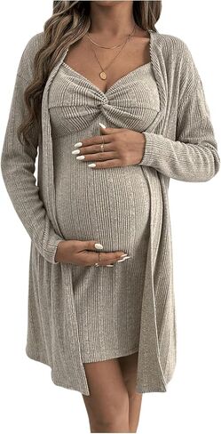 MakeMeChic Women's Maternity 2 Piece Outfit Open Front Rib Knit Long Sleeve Cardigan and Twist Mini Dress Pajama Lounge Set in Saudi Arabia