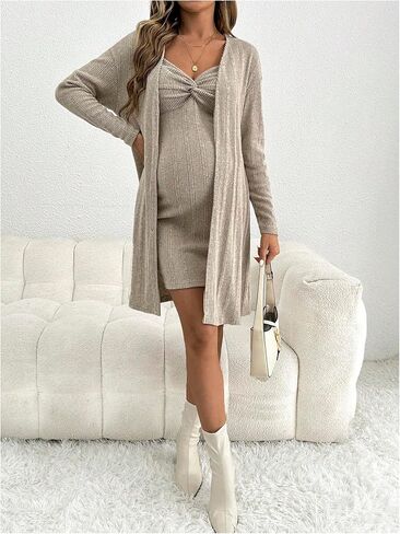MakeMeChic Women's Maternity 2 Piece Outfit Open Front Rib Knit Long Sleeve Cardigan and Twist Mini Dress Pajama Lounge Set in Saudi Arabia