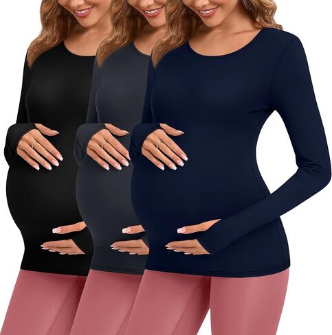 مجموعة من 3 قمصان نسائية للحمل بأكمام طويلة مع فتحة إبهام، رقبة دائرية للحمل، تونيك لليوجا، تي شيرت ماما أساسي ناعم in Saudi Arabia
