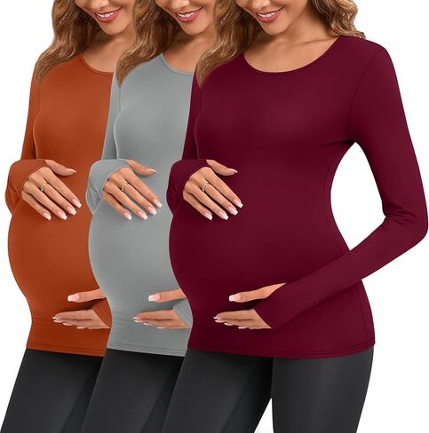 3 Pack Women's Long Sleeve Maternity Shirts with Thumbhole, Crew Neck Pregnancy Yoga Tunic Tops Soft Basic Mama Tee in Kuwait
