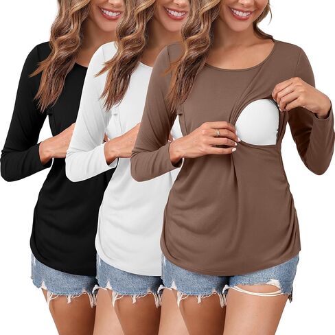 Ficerd 3 Pack Women's Maternity Tops Nursing Shirts for Breastfeeding Long Sleeves Double Layer Pregnancy Clothes in Saudi Arabia