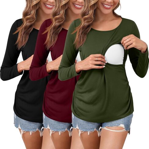 Ficerd 3 Pack Women's Maternity Tops Nursing Shirts for Breastfeeding Long Sleeves Double Layer Pregnancy Clothes in Saudi Arabia