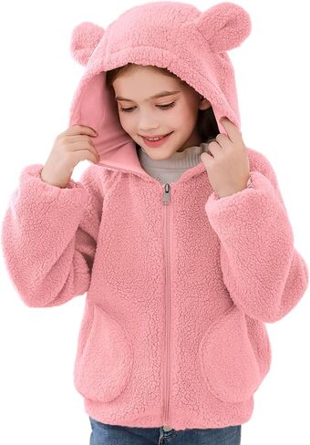 Haloumoning Toddler Little Girls Fleece Jacket Kids Winter Cute Teddy Coat Zip Up Hoodie with Pockets in Saudi Arabia