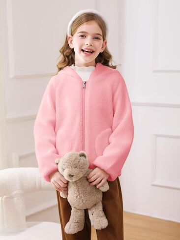Haloumoning Toddler Little Girls Fleece Jacket Kids Winter Cute Teddy Coat Zip Up Hoodie with Pockets in Saudi Arabia
