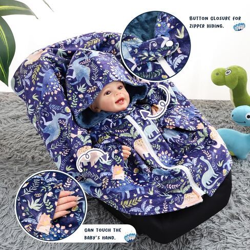 المعطف مقعد السيارة للأطفال من Pea Pod، معطف بغطاء للرأس لمقعد السيارة، طبقة مزدوجة دافئة من المنكي عباءة الربيع والخريف والشتاء للأطفال الصغار، عباءة بغطاء للرأس للفتيات من عمر 0-4 سنوات، ديناصور لطيف in Kuwait