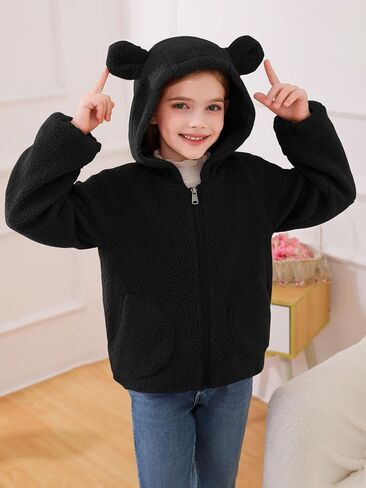 Haloumoning Toddler Little Girls Fleece Jacket Kids Winter Cute Teddy Coat Zip Up Hoodie with Pockets in Saudi Arabia