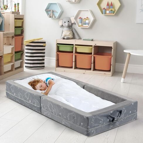 100% Cotton Inner Portable Foldable Toddler Travel Bed - Soft Foam Floor Bed with Washable Cover, Safe and Comfortable Toddler Crib, Ocean Blue in Saudi Arabia