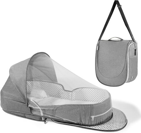 Dr. Pure Portable Baby Bassinet for Travel: Lightweight Foldable Infants Bed Crib for 0-12 Months Newborn with 2-1 Mosquito Netting and Blackout Curtain - Baby Essentials Gift in Saudi Arabia