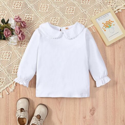Kids Baby Girl Long Sleeve Collar Shirt Toddler White Blouse Puff Short Sleeve T-Shirt Solid Color Basic Top Bottom in Saudi Arabia