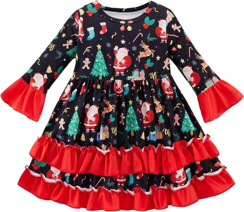 فستان عيد الميلاد للفتيات الصغيرات، فستان فتاة صغيرة بأكمام واسعة، رجل خبز الزنجبيل، سانتا كاندي، طباعة مكشكشة لعيد الميلاد in Kuwait