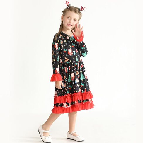 فستان عيد الميلاد للفتيات الصغيرات، فستان فتاة صغيرة بأكمام واسعة، رجل خبز الزنجبيل، سانتا كاندي، طباعة مكشكشة لعيد الميلاد in Kuwait