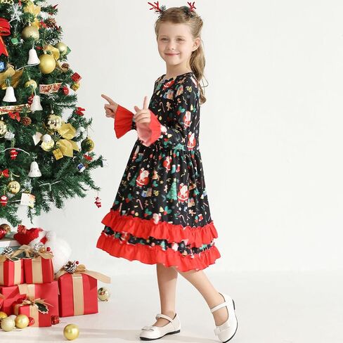 فستان عيد الميلاد للفتيات الصغيرات، فستان فتاة صغيرة بأكمام واسعة، رجل خبز الزنجبيل، سانتا كاندي، طباعة مكشكشة لعيد الميلاد in Kuwait