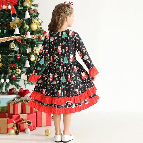 فستان عيد الميلاد للفتيات الصغيرات، فستان فتاة صغيرة بأكمام واسعة، رجل خبز الزنجبيل، سانتا كاندي، طباعة مكشكشة لعيد الميلاد in Kuwait