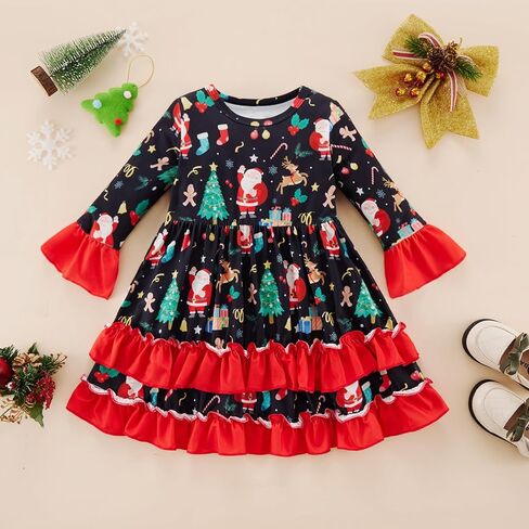 فستان عيد الميلاد للفتيات الصغيرات، فستان فتاة صغيرة بأكمام واسعة، رجل خبز الزنجبيل، سانتا كاندي، طباعة مكشكشة لعيد الميلاد in Kuwait