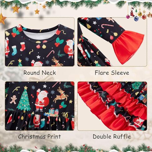 فستان عيد الميلاد للفتيات الصغيرات، فستان فتاة صغيرة بأكمام واسعة، رجل خبز الزنجبيل، سانتا كاندي، طباعة مكشكشة لعيد الميلاد in Kuwait