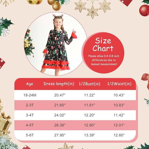 فستان عيد الميلاد للفتيات الصغيرات، فستان فتاة صغيرة بأكمام واسعة، رجل خبز الزنجبيل، سانتا كاندي، طباعة مكشكشة لعيد الميلاد in Kuwait