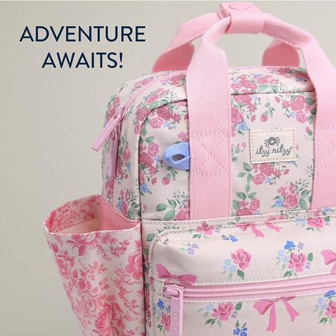 Itzy Ritzy Toddler Backpack - Daycare Bag - Features Adjustable Shoulder Straps, 2 Side Pockets & Spacious Interior with Wipeable Fabric Lining & Name Label, Ribbons & Roses Backpack in Kuwait