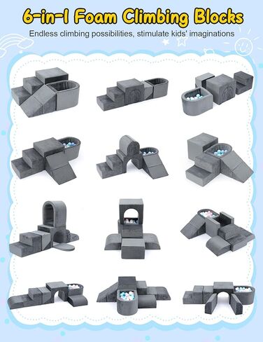 Foam Climbing Blocks for Toddlers-K6, 6 PCS Climbing Toys for Toddlers 1-3 Inside with Baby Ball Pit and Soft Play Tunnel for Kids' Indoor Climbers&Play Structures (Grey, Balls Not Included) in Saudi Arabia