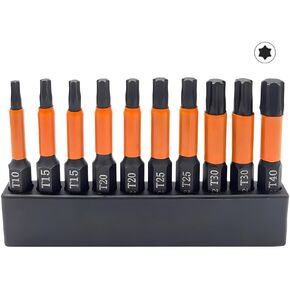 Saipe 10pcs Torx Bit Set, S2 Steel Impact Grade Star Bits Set, Torx Head Drill Bit Set 2" Length, Magnetic 1/4'' Hex Shank Torx Screwdriver Bit, T10, T15, T20, T25, T30, T40