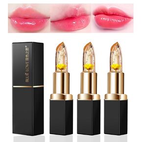 BLUE LOVE 3 Pcs/Set Flower Jelly Lipstick Set, Color Changing Flower Lipstick Jelly Clear Lip Balm with Flower Inside, Moistrurizer Lip Stick Long Lasting Nourishing Lip Gloss (3Pc Gold)