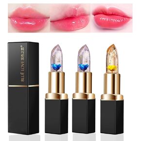 BLUE LOVE 3 Pcs/Set Flower Jelly Lipstick Set, Color Changing Flower Lipstick Jelly Clear Lip Balm with Flower Inside, Moistrurizer Lip Stick Long Lasting Nourishing Lip Gloss (3Pc Gold)