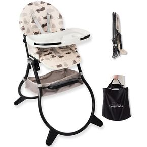 CuddoBaby Purrfect High Chair for Babies & Toddlers, Foldable Highchair with Weld-in-One Stable Base, 5-Point Harness, Large Adjustable Tray, Storage Bag, Waterproof PU Leather, Unisex - Me