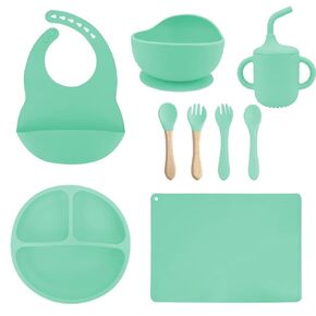 Baby Silicone Feeding Set, 9 Pcs Baby Plates and Utensils Set, Baby Utensils Includes Placemat, Suction Plate, Bowl, Adjustable Bib, Sippy Cup, Fork, Spoon, Baby Utensils 6+ Months (Dark pink)