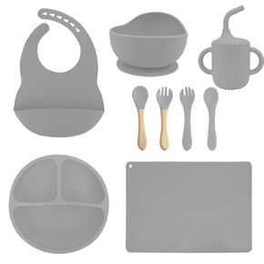 Baby Silicone Feeding Set, 9 Pcs Baby Plates and Utensils Set, Baby Utensils Includes Placemat, Suction Plate, Bowl, Adjustable Bib, Sippy Cup, Fork, Spoon, Baby Utensils 6+ Months (Dark pink)