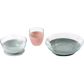 BEABA 3-Piece Suction Glass Set, Glass Bowl and Plate Set - Baby + Toddler Dinnerware Set for Baby Food, Baby Plate, Baby Bowl, Baby Cup, 2.5x Stronger than Reg Glass, Eucalyptus