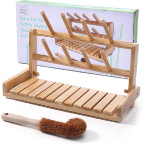 Bamboo Baby Bottle Drying Rack, Portable Dish Drying Rack, Includes Bamboo Bottle Brush, Baby Essentials Item, Space Saving and Easy to Clean for Mums, Birthday Box