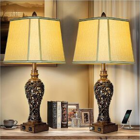 Table Lamps Set of 2 - Bedside Lamp with Fabric Shades - for Bedroom and Living Room with USB and Nightlight - Perfect for Nightstands and Bedrooms (28.5" high)