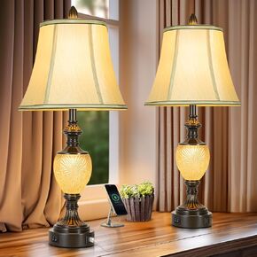 Table Lamps Set of 2 - Bedside Lamp with Fabric Shades - for Bedroom and Living Room with USB and Nightlight - Perfect for Nightstands and Bedrooms (28.5" high) in Kuwait