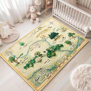 Estmy 5x7 Washable Nursery Rug, Cute Woodland Kids Play Rug for Girls Boys Neutral Soft Crawling Play Mat for Classroom Children Toddlers Bedroom Stain Resistant Easy to Clean, 100 Acre Wood Map Rug