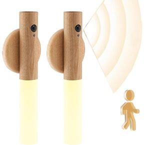 LANDGOO LED Nursery Night Light, Body Motion Sensor Nursing Lamp, Rechargeable Battery Powered Magnetic 360° Portable Lighting for Bedroom Bathroom, Walnut Wood 2Pcs