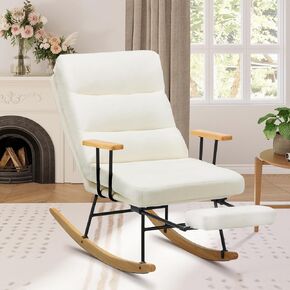 Rocking Chair with Footrest-Glider Rocker Chair with Retractable Footrest and Adjustable Backrest, Teddy Upholstered Rocking Chair, Modern Accent Chair for Living Room/Nursery/Bedroom/Outdoor-Green