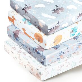 Stretchy Fitted Crib Sheet for Unisex Baby 4 Pack for 52 * 28 inches Standard Crib and Toddler Mattress,Breathable and Softness Baby Sheet（Animals)