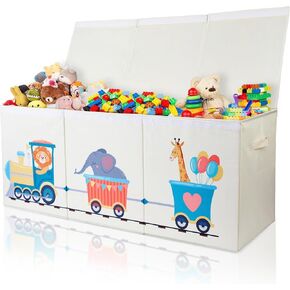 Extra Large Toy Box, Collapsible Sturdy Toy Storage Organizer with Lids, Animal Train Toy Box for Boys Girls, 40"x16"x16" Kids Toy Chest Bin Box Baskets for Playroom, Closet, Bedroom, Nursery, Beige