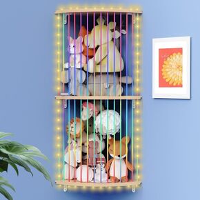 Stuffed Animal Storage Wood Soft Toy Storage for Kids Room,Wall Mount Door Hanging Stuffed Animal Toy Organizer Shelf for Nursery Play Room White with LED Coil -Light Rainbow Three-layered Sector