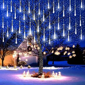 Christmas Decoration Outdoors- 32 Tubes (Equivalent to 4 Sets of 8-Tubes) Meteor Shower Rain Lights, White Falling Rain Lights for Christmas Decor Xmas Tree Halloween Yard Wedding Party, UL Plug