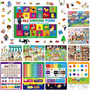 800+ Stickers & 15 Town Scenes Sticker Book, Funny Side by Side All Around Town Sticker Book Educational Activity Games- Great for Toddlers, Kids, Boys & Girls