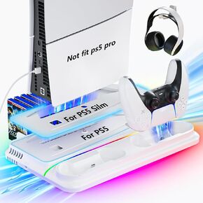 PS5 Stand,PS5 Cooling Station with Dual PS5 Controller Charger 3 Quiet Level Fan ,3 USB Hub Fast Charge drive 9 RGB Light hard PS5 Slim Stand for Disc & Digital Console(Upgraded)
