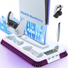 Lictin PS5 / PS5 Pro / PS5 حامل نحيف ومحطة تبريد، محطة شحن وحدة تحكم لوحدة تحكم PlayStation 5، شاحن وحدة تحكم حامل PS5 للقرص والرقمية مع مروحة تبريد