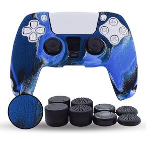 مقابض متوافقة مع غلاف وحدة تحكم PS5، مقابض سيليكون لوحدة تحكم PlayStation 5 غطاء حماية مضاد للانزلاق لجهاز تحكم PS5 - مع 8 قطع من مقابض الإبهام الاحترافية - CamouBlue in Kuwait