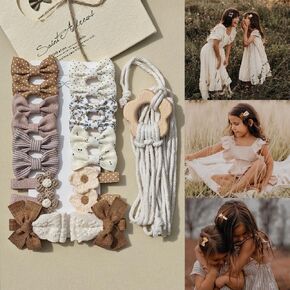 Hair Clips for Girls with Bow Flowers, 19 Pcs Handmade Linen Barrettes Hair Accessories for Young Kids Toddler, With a BOHO Hanging Hair Bows Holder/Organizer