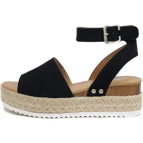 MMK Topic Open Toe Buckle Ankle Strap Espadrilles Flatform Wedge Casual Sandal