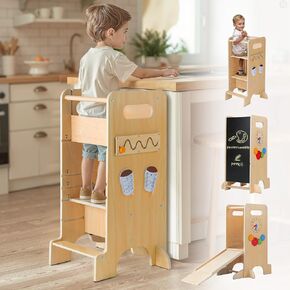 Toddler Tower 4-in-1 Multifunctional Toddler Kitchen Stool Helper with Removable Safety Board, Adjustable Heights, Slide, Highchair, Chalkboard, Montessori Games