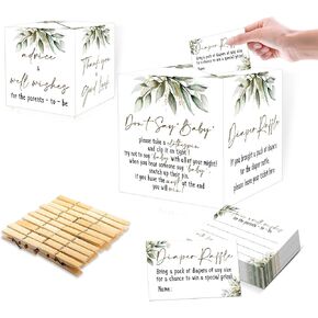 101 Pcs Greenery Diaper Raffle Card Box Set Holder Box with 50 Pcs Advice and Wishes Card and 50 Clothespins for Don't Say Baby Game, Baby Shower Gender Reveal Party Decorations Game Kit-MQ-7-4